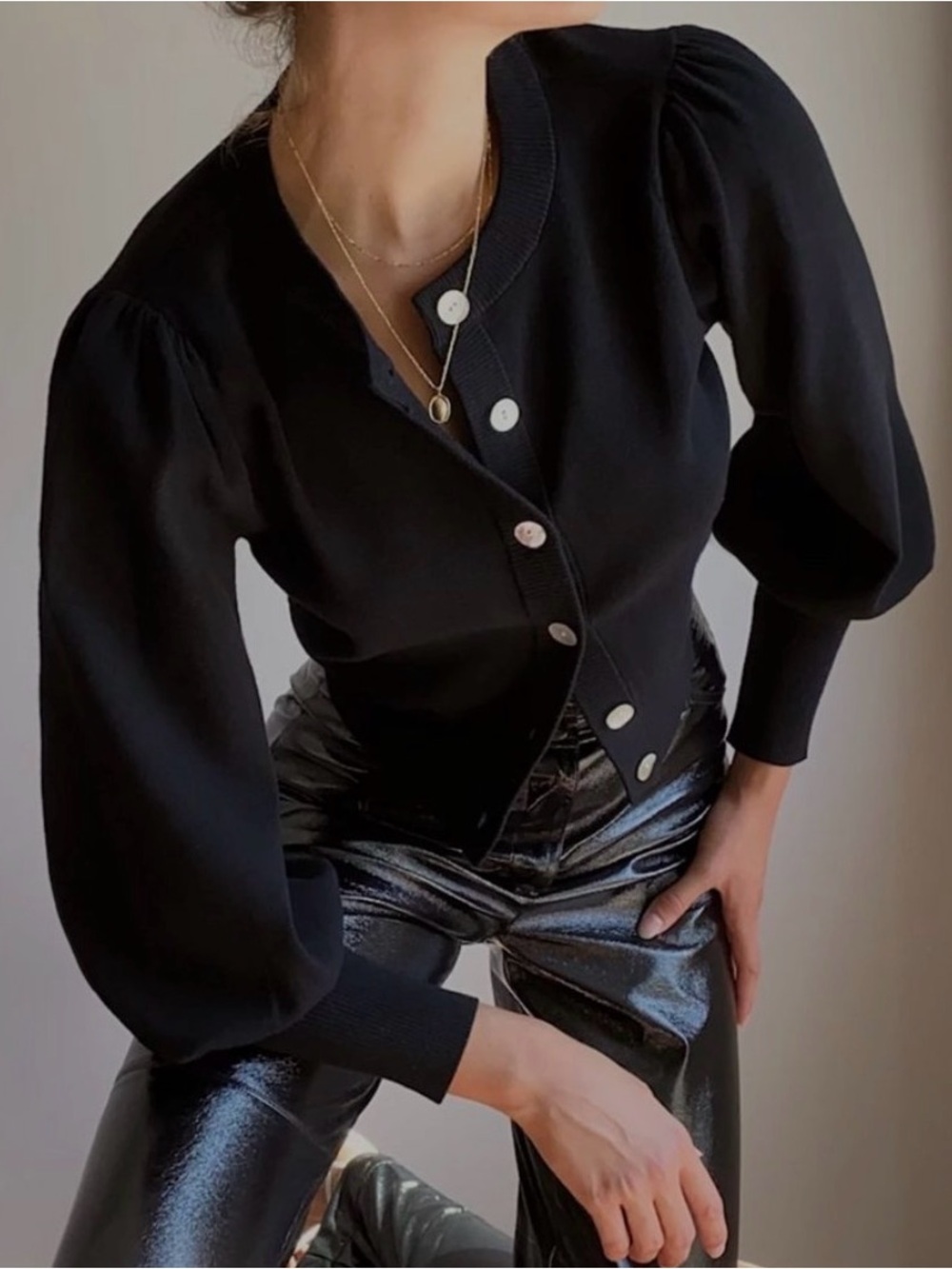 WILFRED Black Button-Front Cropped Puff Sleeve Cardigan Sweater Sz L